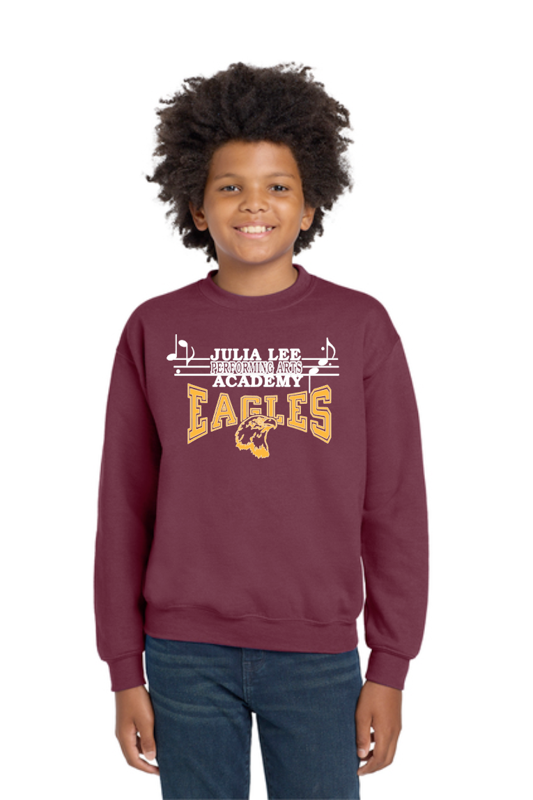 Child wearing a maroon sweatshirt with 'Julia Lee Academy Eagles' text and logo on a white background